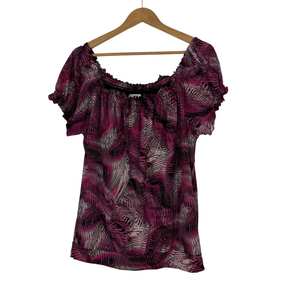 Worthington Women’s Size Medium Black Pink Print Off the Shoulder Blouse Top